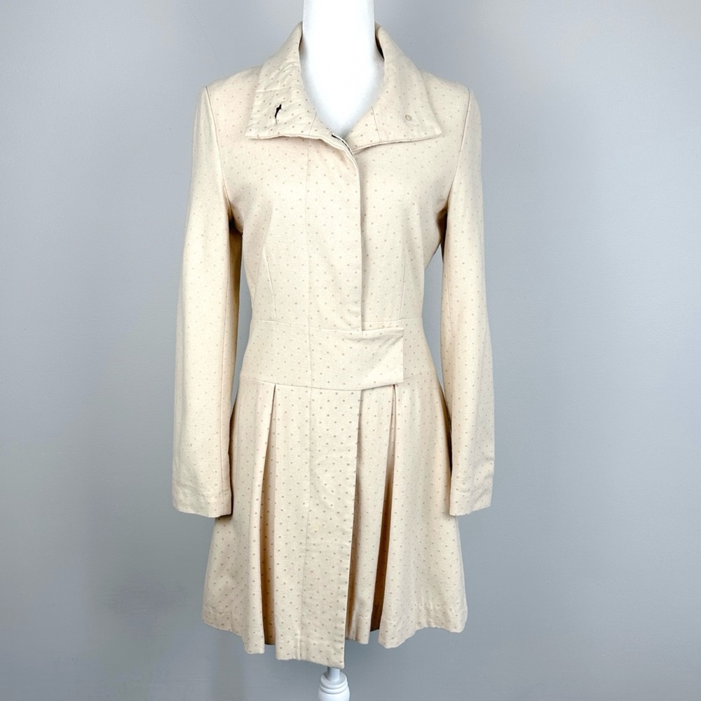 Tulle Cream Dotted Button Front Long Wool Pea Coat